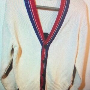 Men's Cream Cardigan Sweater with Red and Blue Trim